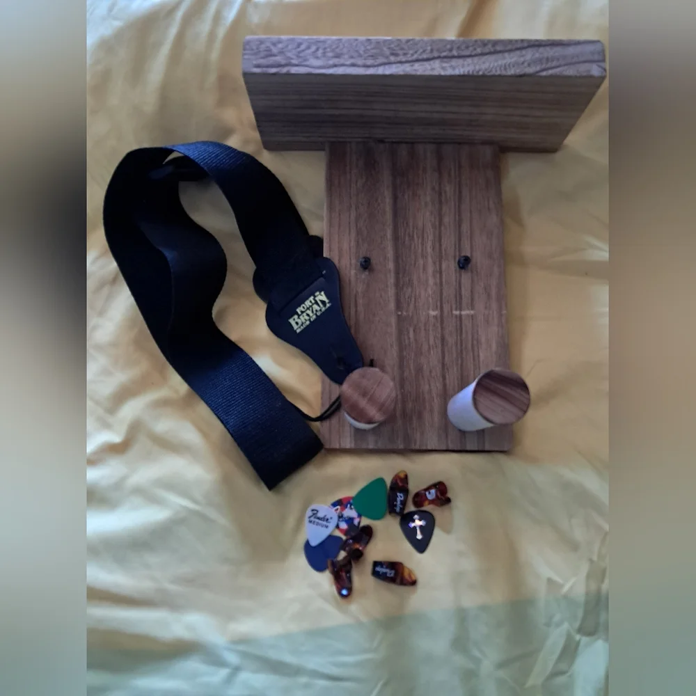 Wooden Guitar Wall Mount with Black Strap